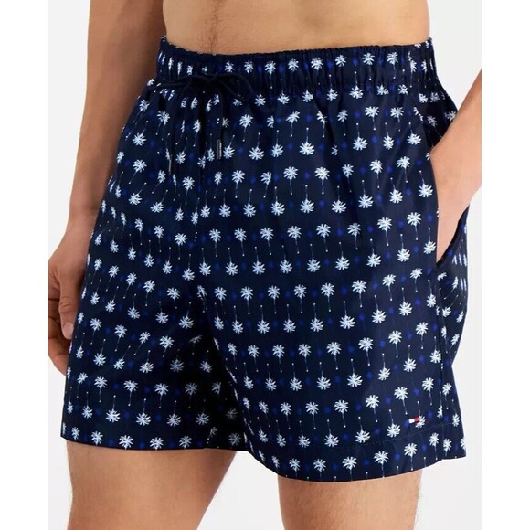 Tommy Hilfiger Men's Printed Drawstring 5" Swim Trunks Navy Mini Palms Shorts S - Picture 1 of 3